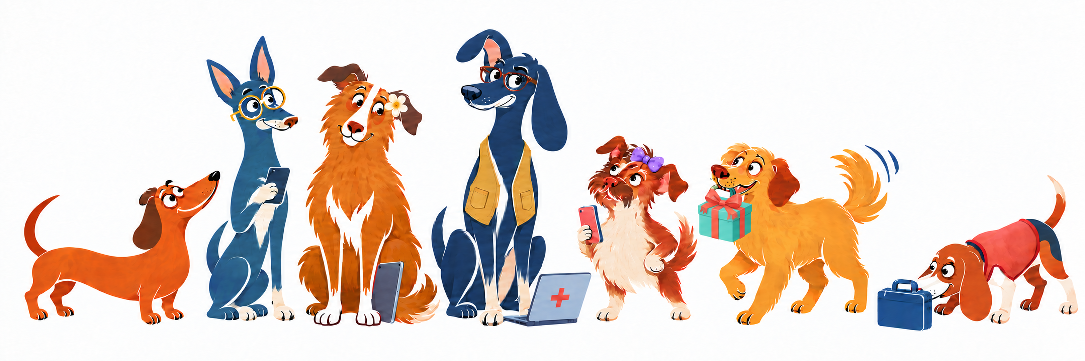 Seven original family characters: dachshund, glasses-wearing son, flower-wearing collie mom, long-eared engineer dad, fashion terrier, retriever and beagle
